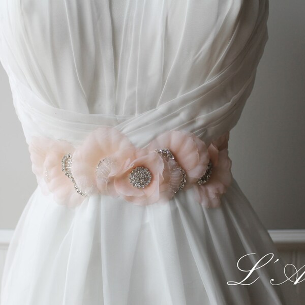 Soft Pink Flower Wedding Sash Bridal Belt with  Rhinestone Accents