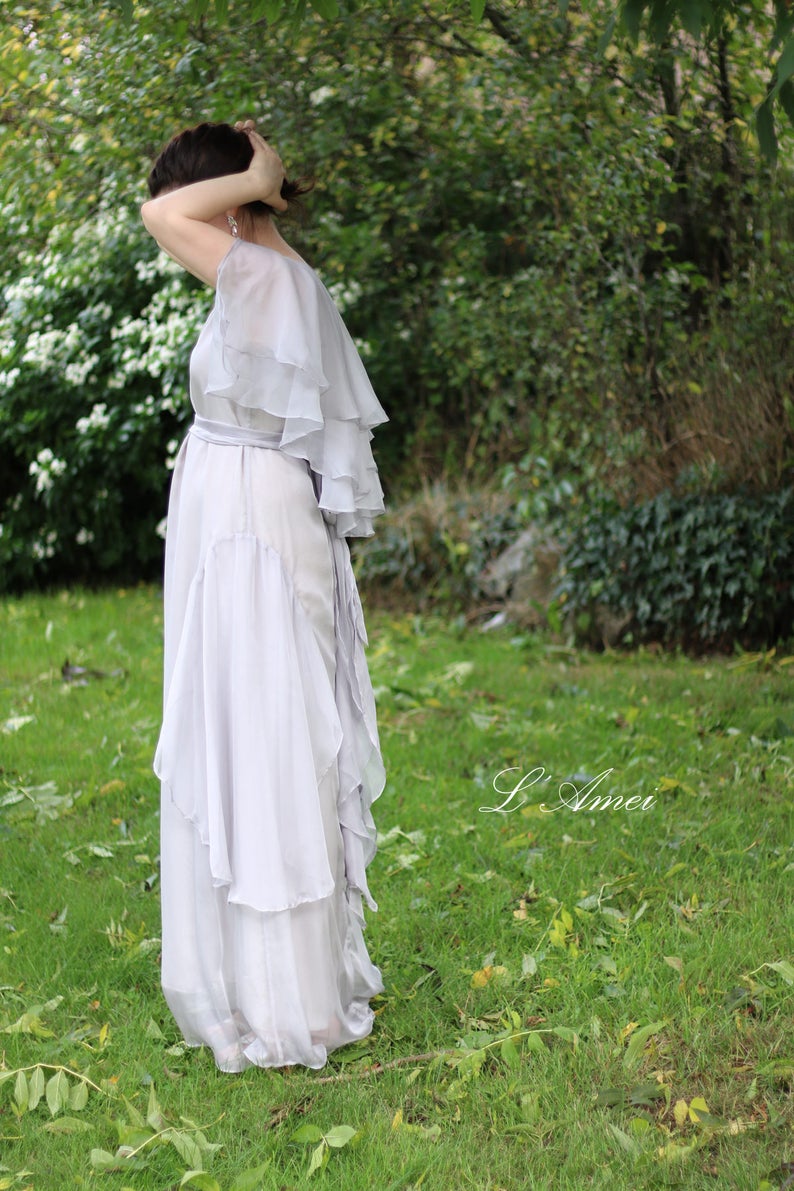 Light gray scoop neckline dress Design by L/'Amei 2016 Custom made Vintage Silk chiffon Bridal BohoBeach Fairy Wedding Dress MX19833930