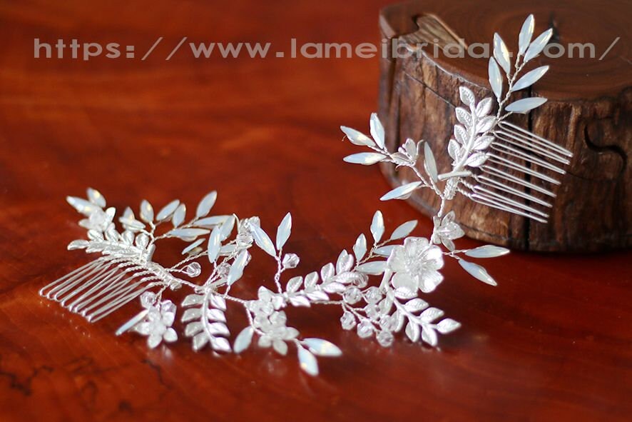 Leaf Wedding Hair Accessory, Silver White Leaf Hair Clip  display picture 3