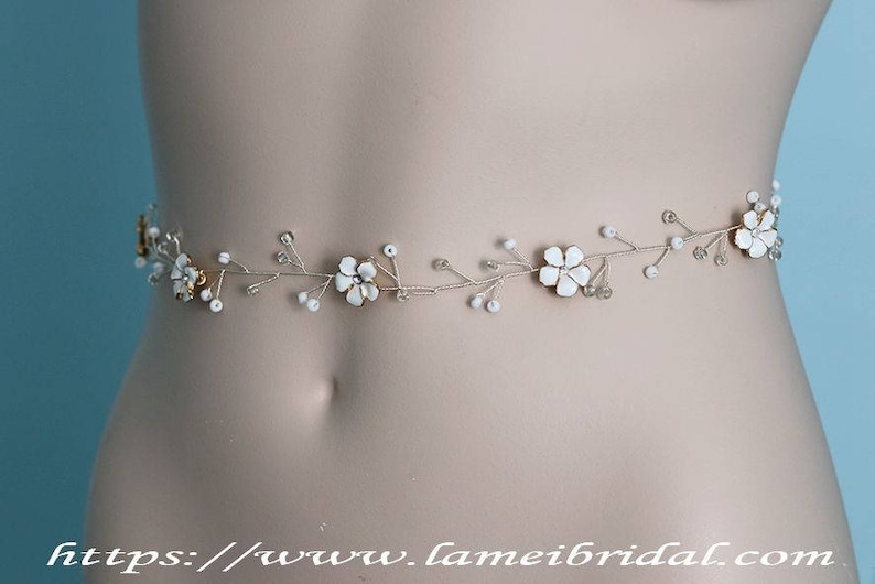 bridal sash belt Fall Rustic small white Flower Wedding dress belt Bridal headpiece Bridal vine Bridal Flower belt Flower Headpiece