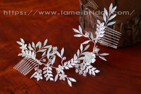 Bridal White Silver Hair Comb Wedding Leaf Hairpiece Clips Vintage Jewelry Bridal Haircomb | Vintage Silver Leaf Crystal Hair Comb  main image 4