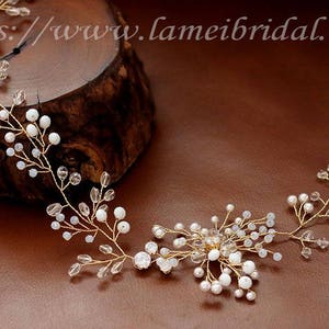 Wedding Hair Vine, Gold Flower and Leaf Bridal Headpiece, Wedding Hair Accessory, white beads Hair Rustic Wedding Headband, Boho hair vine