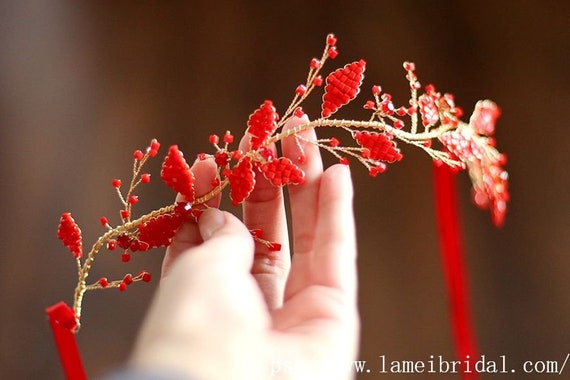 Gold Wine Red Whimsical Flower Crown ,princess Wedding  display picture 3