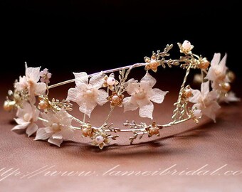 Gold Blush Whimsical Flower Crown ,  Princess Wedding Headband , BlushBridal Crown ,fairy Tiara , Prom Circlet Headpiece,Boho flower vine