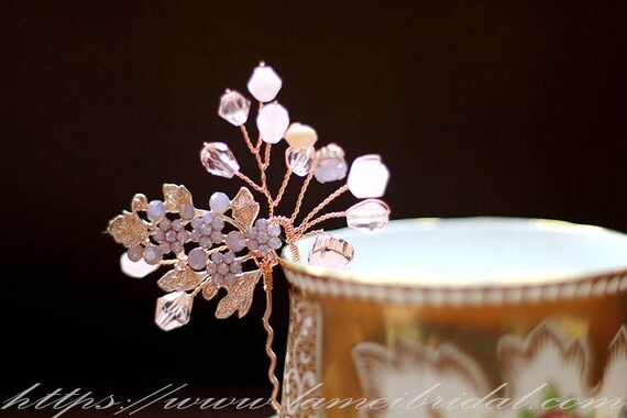 Vintage Style Rose Gold Leaf With Pearl Crystal on Metal  display picture 3