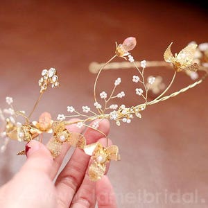 Woodland Gold Wedding Bridal headband Tiara,wedding Headpiece with gold leaf ,Flower and leaf crown ,Bridal headpiece - Greek hair accessory