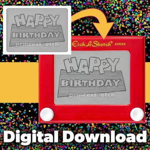 以下が含まれることがあります： 「Happy Birthday」と「princess etch」の文字が描かれた赤いエッチ・ア・スケッチの画面。画像はデジタルダウンロードで、カラフルな紙吹雪の背景があります。
