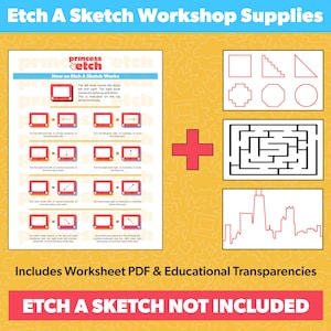 Puede incluir: Imagen de un taller educativo con el texto "Etch A Sketch Workshop Supplies". Incluye diagramas, formas, un laberinto y un contorno de paisaje urbano. También está presente el texto "ETCH A SKETCH NOT INCLUDED".