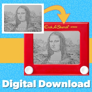 May include: A red plastic Etch A Sketch toy with a black and white drawing of the Mona Lisa on the screen. The text "Etch A Sketch SCREEN" is printed on the toy.