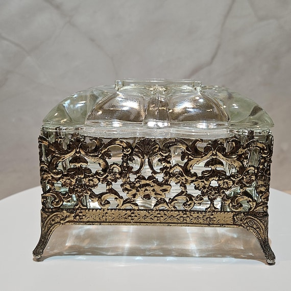 Vintage Glass & Metal Trinket Box – Ornate Jewelry Box – Classic Vanity Décor