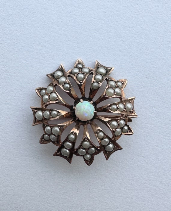 Antique Pinwheel Seed Pearl Opal Brooch