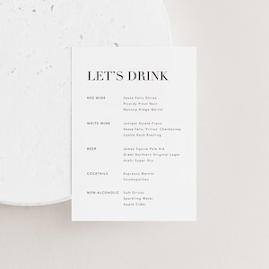 Carta de bebidas para boda moderna, Menú de bar para boda minimalista, Cartel de bebidas imprimible, Menú de boda editable para bar, Conjunto de iniciales