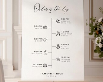 Afdrukbaar bord bruiloft tijdlijn, bord volgorde van gebeurtenissen voor bruiloft, bewerkbaar bruiloft welkomstbord, minimalistisch wo bord handgetekende pictogrammen