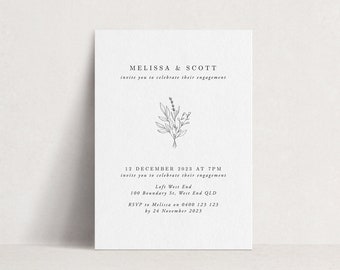 Bloemen verlovingsuitnodiging sjabloon, uitnodiging voor rustiek verlovingsfeest, afdrukbare uitnodiging voor minimalistische bruiloft, boeketset