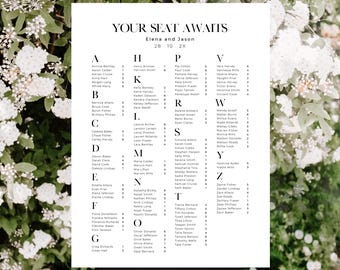 Moderne alfabetische stoelentabel, plattegrond bruiloft, afdrukbare sjabloon, trouwborden, mooie set
