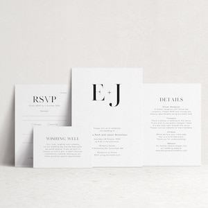 Invitaciones de boda minimalistas, invitación de boda con monograma, plantilla de invitación moderna, plantilla de boda, conjunto de invitación de boda encantador