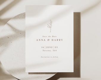 Boho Sla de datum sjabloon, sla de datumkaart op voor minimalistische bruiloft, koperen huwelijksaankondiging afdrukbaar, verliefde set