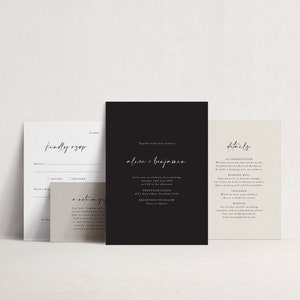 Convite de casamento preto moderno, convite de casamento minimalista, modelo de convite cinza, conjunto de convites de casamento com script