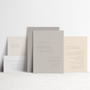 Convite de casamento moderno, convite de casamento para casamento minimalista, modelo de convite neutro cinza, conjunto de convites de casamento romântico