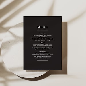 Menu de mariage noir moderne, Modèle de carte de menu pour mariage minimaliste, Menu de dîner imprimable, Menu de réception modifiable simple, Set d’ébène