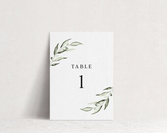 Greenery Table Numbers Template, Printable Wedding Table Numbers for Rustic Wedding, Reception Table Decor, Olive Branch Set