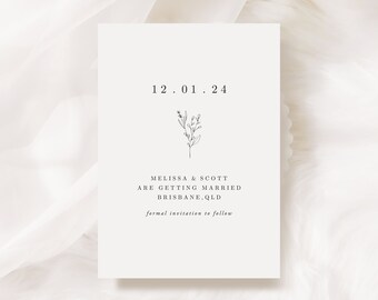 Bloemen Save the Date Template, Bruiloft Aankondiging voor Rustieke Bruiloft, Minimalist Boho Save the Date Card, Boeket Set