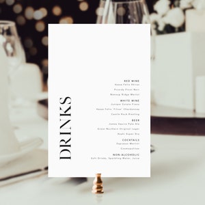 Moderne GetränkeKarte, Bar Menü Vorlage für Hochzeit, bearbeitbares Druckbares Getränkeschild, Menü für minimalistische Hochzeit, Schönes Set