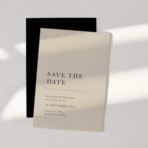 Plantilla beige Save the date, anuncio de boda para boda moderna, tarjeta imprimible Save the date para boda minimalista, conjunto de adoración