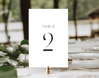 Moderne tafelnummers sjabloon, afdrukbare tafelnummers voor minimalistische bruiloft, bewerkbaar receptietafeldecor, mooie set