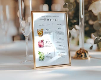 Signature drankenmenu bruiloft, drankenmenu bruiloft, drankje cocktailbord, barbordsjabloon, borden voor hem en haar, bewerkbaar bruiloftsmenu