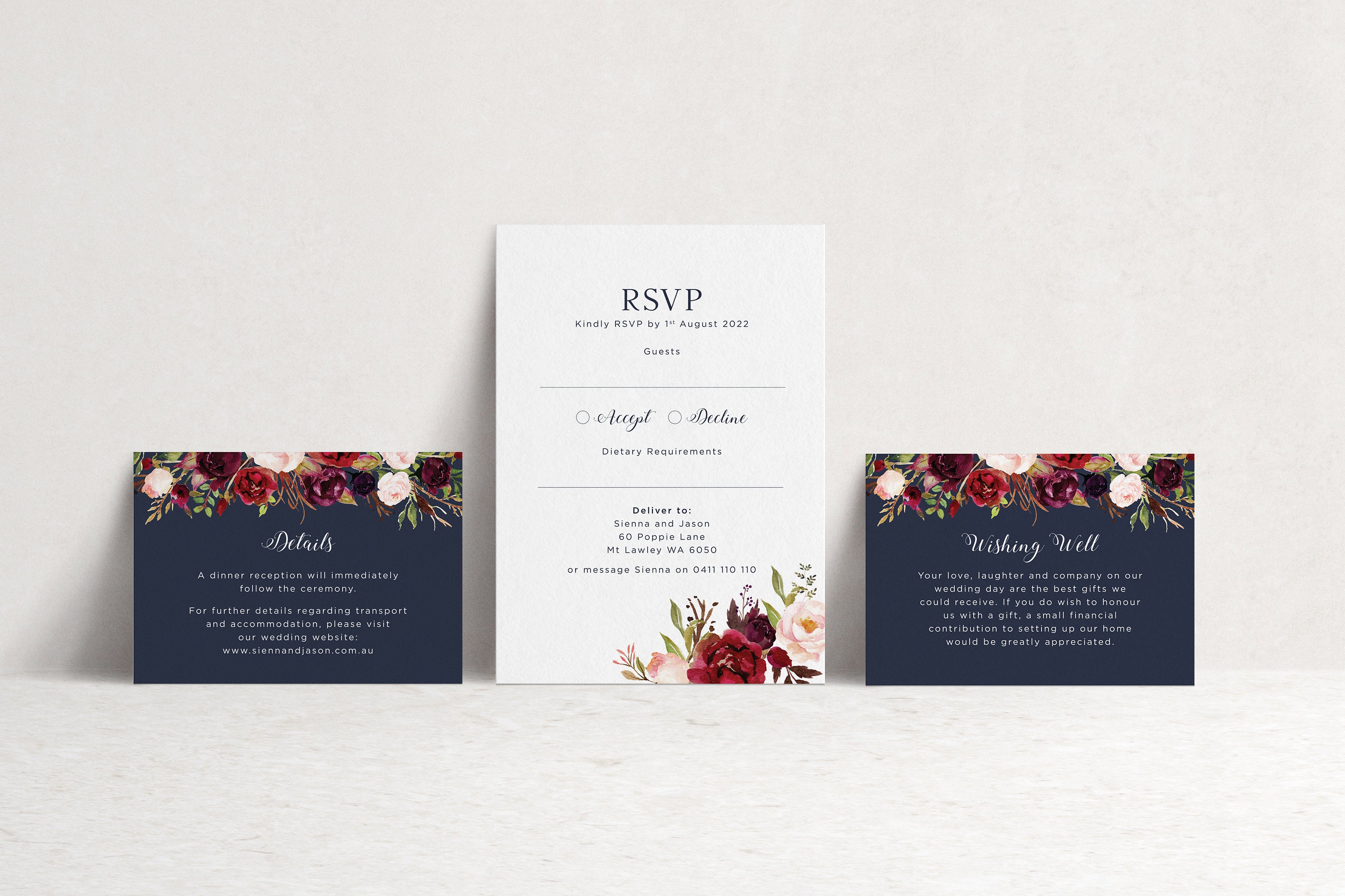 Floral Printable Wedding Template for Navy Wedding Burgundy - Etsy Australia