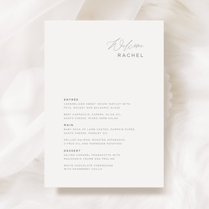 Menú personalizado para bodas modernas, menú de cena de tarjeta de lugar, menú minimalista con nombres de invitados, plantilla imprimible elegante, conjunto de cuento de hadas