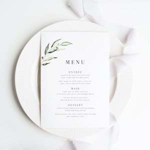 Plantilla de menú de boda Greenery, rama de olivo, menú imprimible, tarjeta de menú, simple, conjunto de ramas de olivo