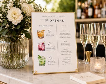 Signature Drinks Menu Wedding, Drinks Menu Wedding, Drink Cocktail Sign, Bar Sign Template, His and Her Drink Signs, Editable Weddings Menu