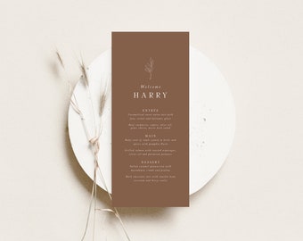 Gepersonaliseerde bruiloft menu sjabloon, diner menu voor Boho bruiloft, koperen plaats kaart menu, afdrukbaar menu met gastnamen, verliefde set