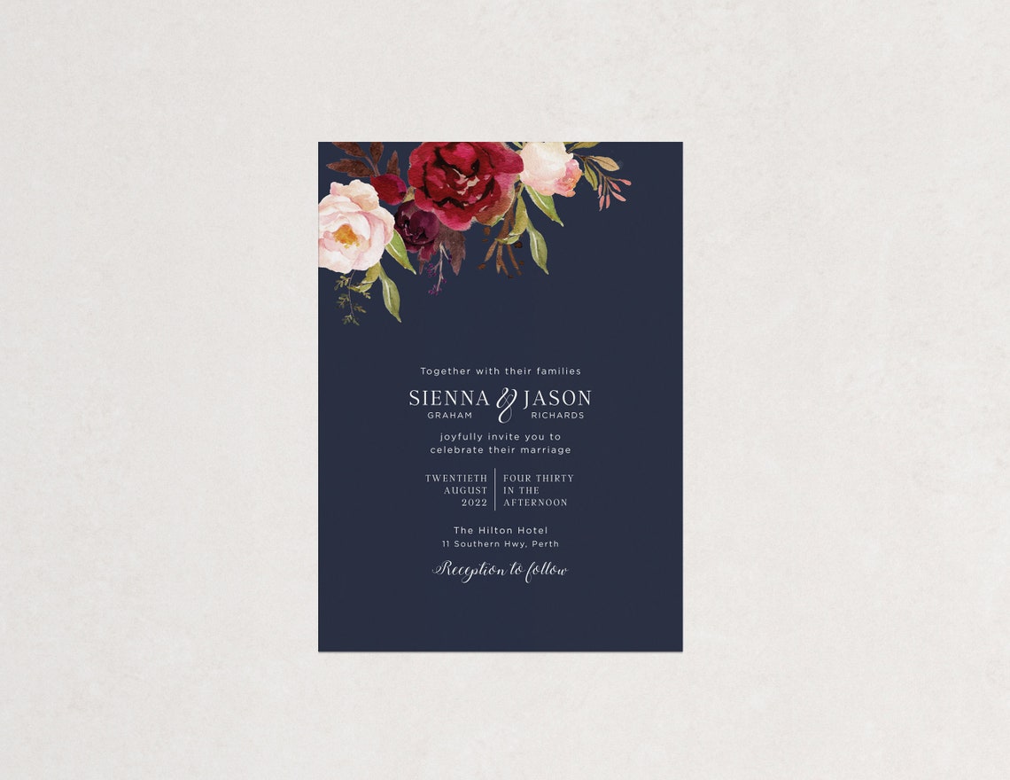Floral Printable Wedding Template for Navy Wedding Burgundy | Etsy