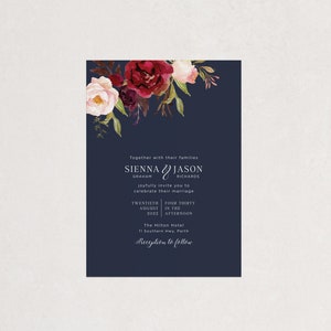 Floral Printable Wedding Template for Navy Wedding, Burgundy Flowers Editable Template, Boho ...