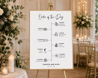 Letrero imprimible con cronograma de boda, orden de eventos para boda, letrero de bienvenida de boda editable, letrero de boda minimalista con iconos dibujados a mano