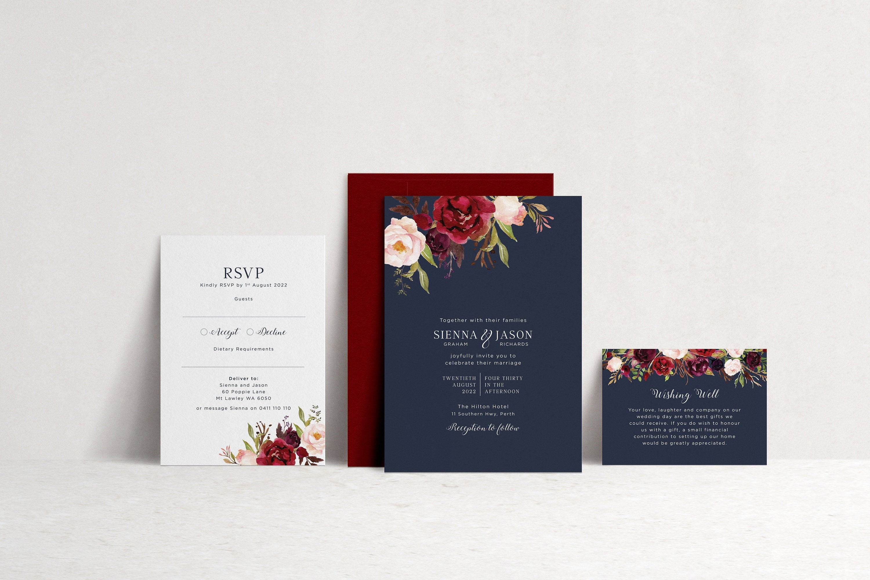 Floral Printable Wedding Template for Navy Wedding Burgundy - Etsy Australia