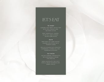 Menusjabloon wo moderne bruiloft, bewerkbare bruiloft geplaatste kaarten, dinermenu bruiloft voor directe download, groene sjablonen bruiloft JADE SET