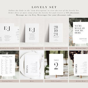 K&ouml;nnte beinhalten: Eine Sammlung minimalistischer Hochzeitspapeterie, darunter Einladungen, Save-the-Date-Karten, Tischnummern und Men&uuml;s. Die Designs zeichnen sich durch klare Typografie und eine neutrale Farbpalette aus. Der Text "LOVELY SET" befindet sich oben im Bild.