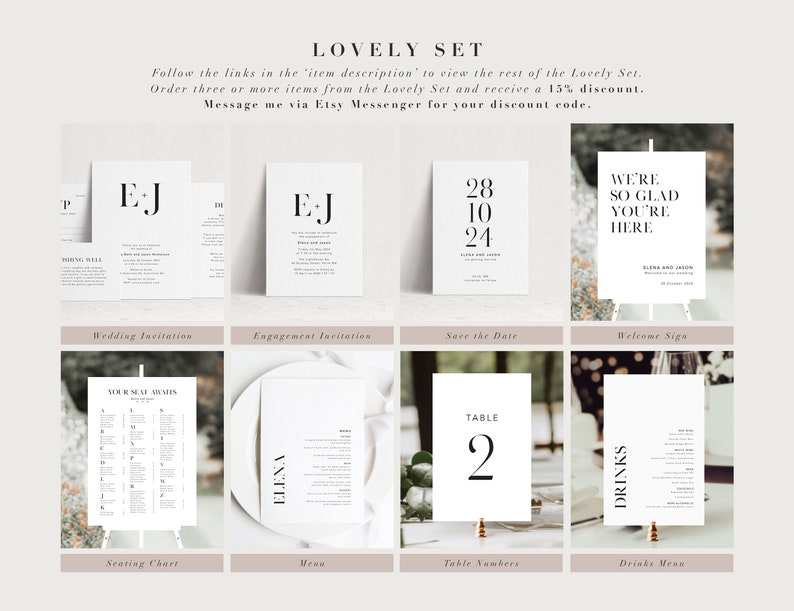 K&ouml;nnte beinhalten: Eine Sammlung minimalistischer Hochzeitspapeterie, darunter Einladungen, Save-the-Date-Karten, Tischnummern und Men&uuml;s. Die Designs zeichnen sich durch klare Typografie und eine neutrale Farbpalette aus. Der Text "LOVELY SET" befindet sich oben im Bild.