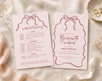 Invitación para despedida de soltera rosa y roja, fin de semana de despedida de soltera, plantilla Canva de descarga instantánea, invitación para fiesta de soltera, plantillas imprimibles, EVIE