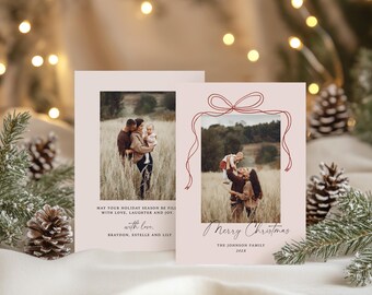 Sjabloon fotokerstkaart, kerstkaart met strik, kerstkaarten familie, foto familie kerstkaart, kerstprint, direct downloaden