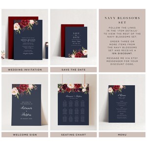 Floral Printable Wedding Template for Navy Wedding, Burgundy Flowers Editable Template, Boho ...