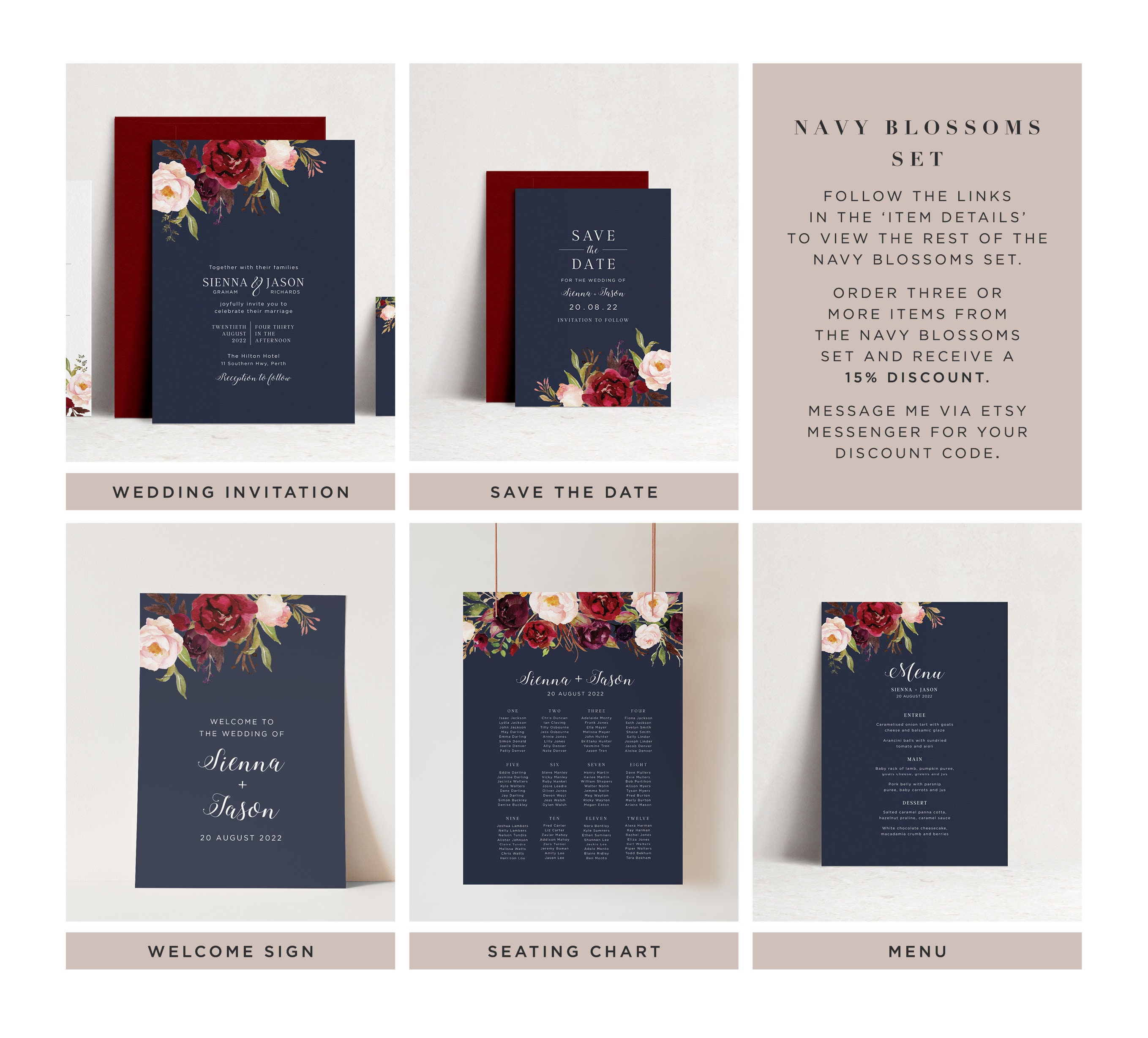 Floral Printable Wedding Template for Navy Wedding Burgundy - Etsy Australia
