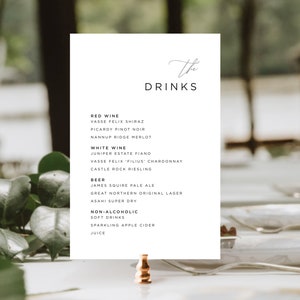 Carta de bebidas para boda minimalista, Menú de bar para boda moderna, Cartel de bebidas imprimible, Menú de boda editable para bar, Set de cuento de hadas
