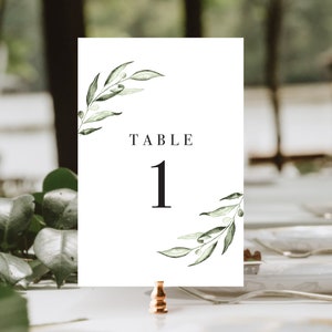 Groen Tafel nummers Sjabloon, Afdrukbare Bruiloft Tafel Nummers voor rustieke bruiloft, Receptie Tafel Decor, Olijftak Set