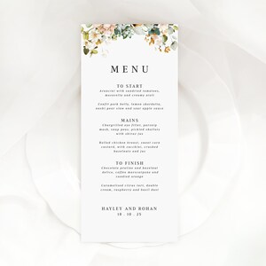 Menu de mariage imprimable floral, modèle de menu de mariage pour le mariage de jardin, menu de dîner imprimable modifiable, fleurs d'aquarelle, ensemble de flore