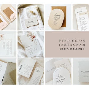 K&ouml;nnte beinhalten: Eine Sammlung eleganter Hochzeitspapeterie, darunter Einladungen, Men&uuml;s und Tischkarten. Die Designs zeichnen sich durch minimalistische Layouts mit botanischen Akzenten und Kalligraphie aus. Die Farbpalette umfasst neutrale T&ouml;ne mit einem Hauch von Beige und Braun.